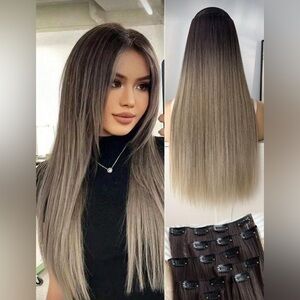 Human hair blend Clip in hair Extensions long hair Blonde & Brown